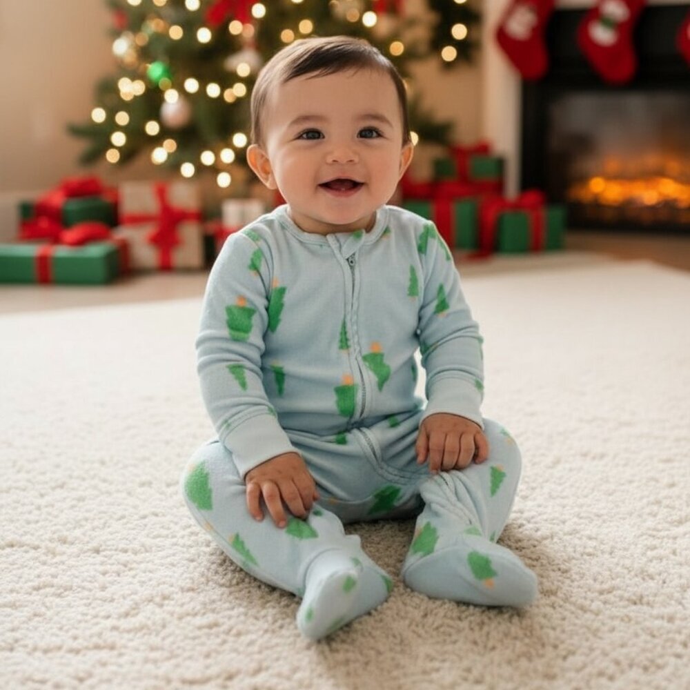 Old Navy Fleece Christmas Tree Sleeper 6 9 Months Blue Zip Up